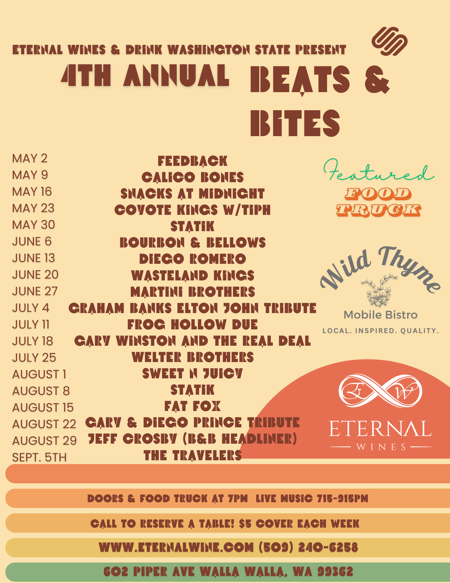 Beats & Bites concert & food truck series in Walla Walla, WA. Eternal Wines